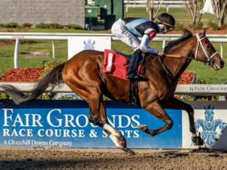 Jockey Jareth Loveberry pilots Built to victory in the Gun Runner Stakes at Fair Grounds.