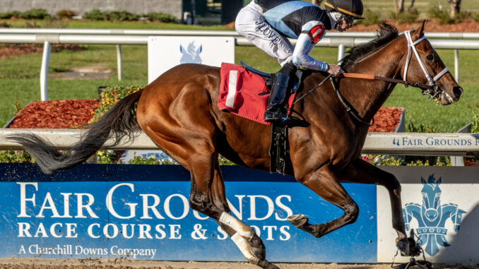 Jockey Jareth Loveberry pilots Built to victory in the Gun Runner Stakes at Fair Grounds.