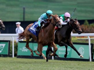 Chili Flag (outside) outduels stablemate Coppice to win the Churchill Distaff Turf Mile (G2) at Churchill Downs (Photo by Horsephotos.com)