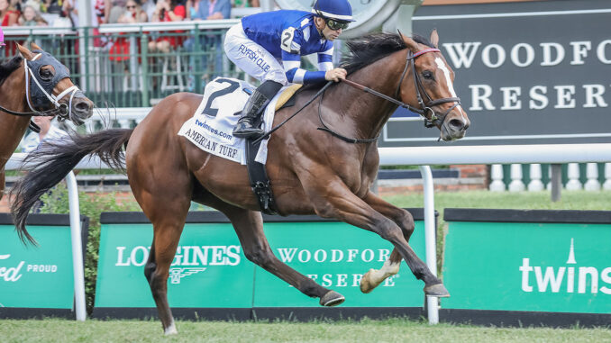 Trikari winning the American Turf (G2) at Churchill Downs (Photo by Horsephotos.com)