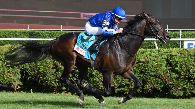 Measured Time winning the Manhattan (G1) at Saratoga (Photo by Coglianese Photos)