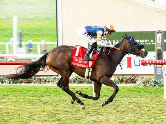 Iscreamuscream and jockey Hector I. Berrios win the Del Mar Oaks