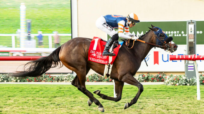 Iscreamuscream and jockey Hector I. Berrios win the Del Mar Oaks